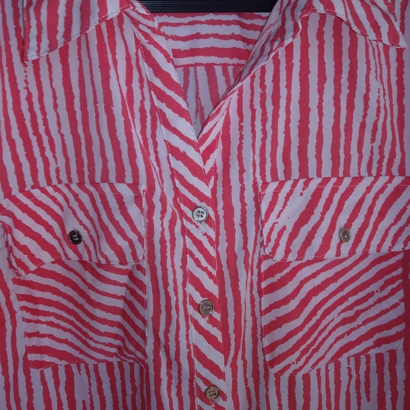 Notations LP Paint Brush Striped Pocketed Semi-Sheer Top Petite Coral Red White - Picture 5 of 8